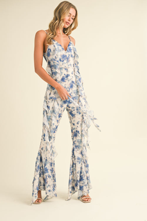 FLORAL PRINTED OPEN BACK JUMPSUIT WITH FRILLS