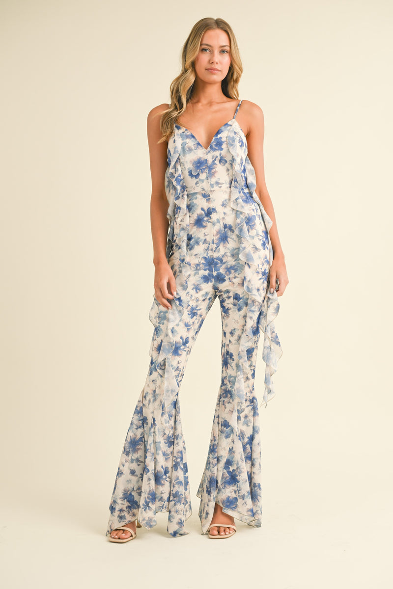 FLORAL PRINTED OPEN BACK JUMPSUIT WITH FRILLS