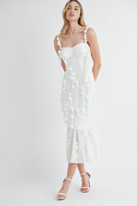 CURVE ENHANCING BUSTIER FLORAL DETAIL MIDI DRESSWHITE