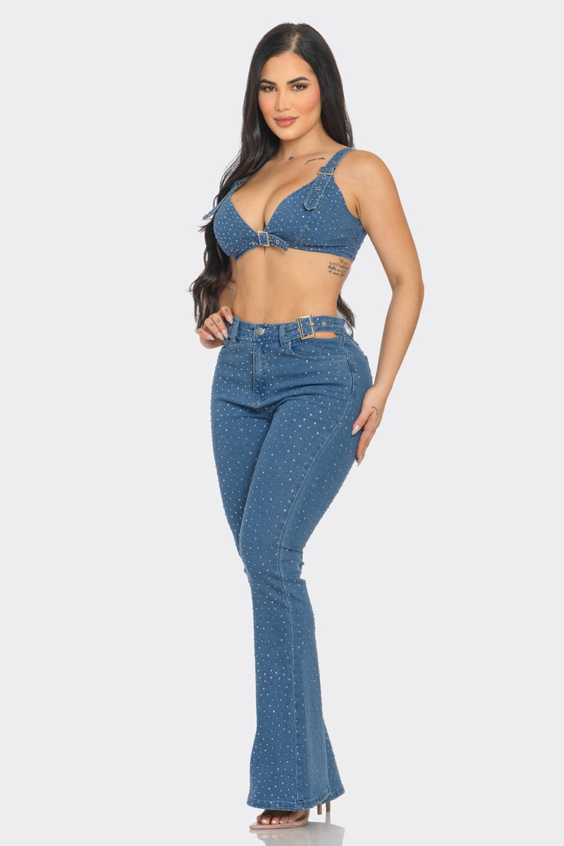 Rhinestone Studded Denim Two-Piece Set - Bralette & Flare Jeans