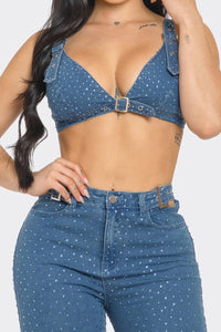 Rhinestone Studded Denim Two-Piece Set - Bralette & Flare Jeans