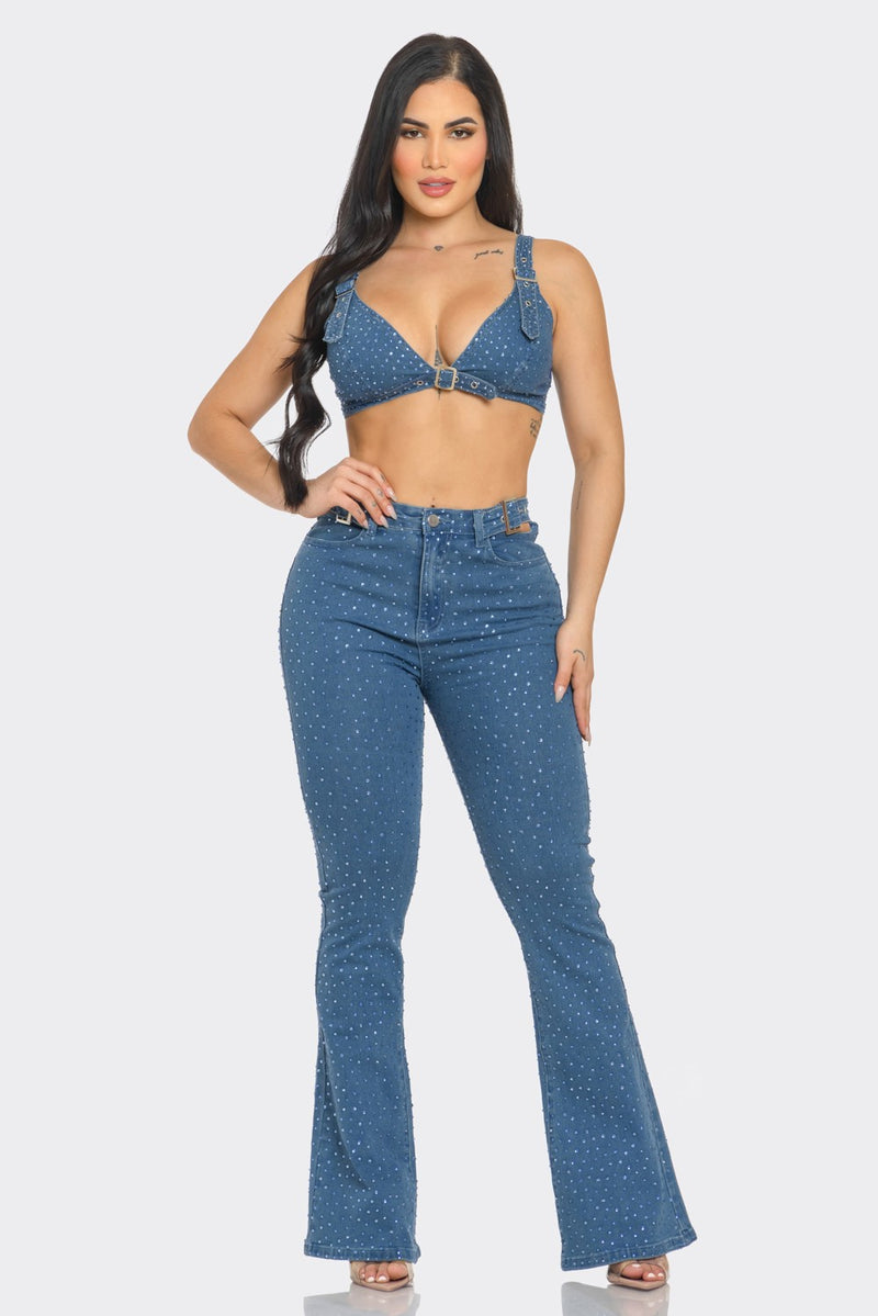 Rhinestone Studded Denim Two-Piece Set - Bralette & Flare Jeans