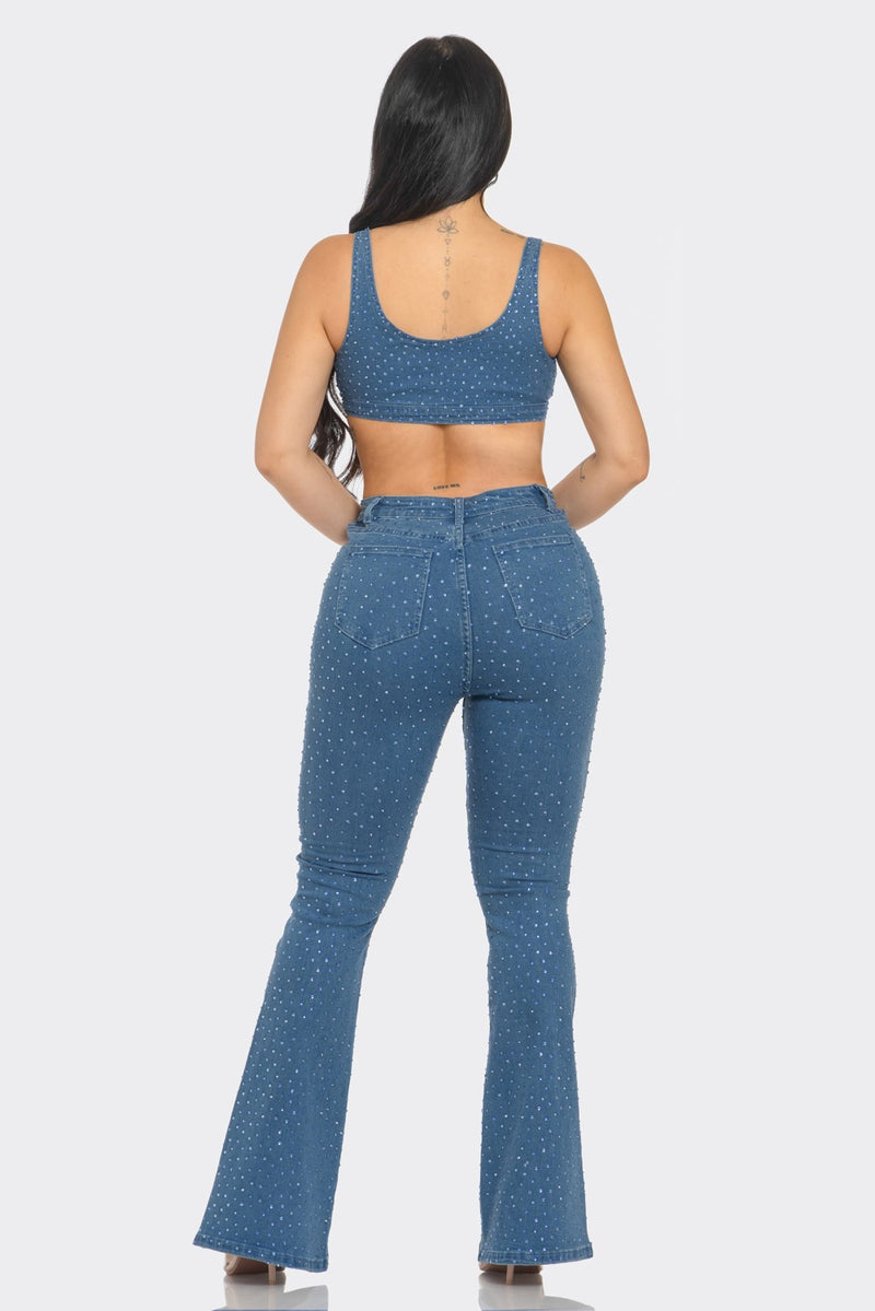 Rhinestone Studded Denim Two-Piece Set - Bralette & Flare Jeans