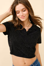 Collared Studded Crop Shirt Sleeves Polo Knit set