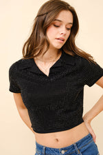 Collared Studded Crop Shirt Sleeves Polo knit Top