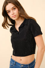 Collared Studded Crop Shirt Sleeves Polo Knit set