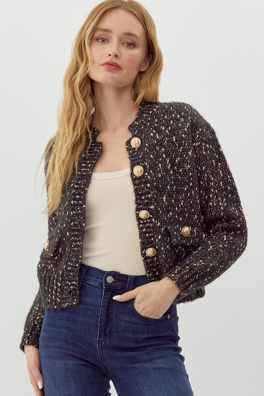 Mixture Bulky Knitted Crop Cardigan