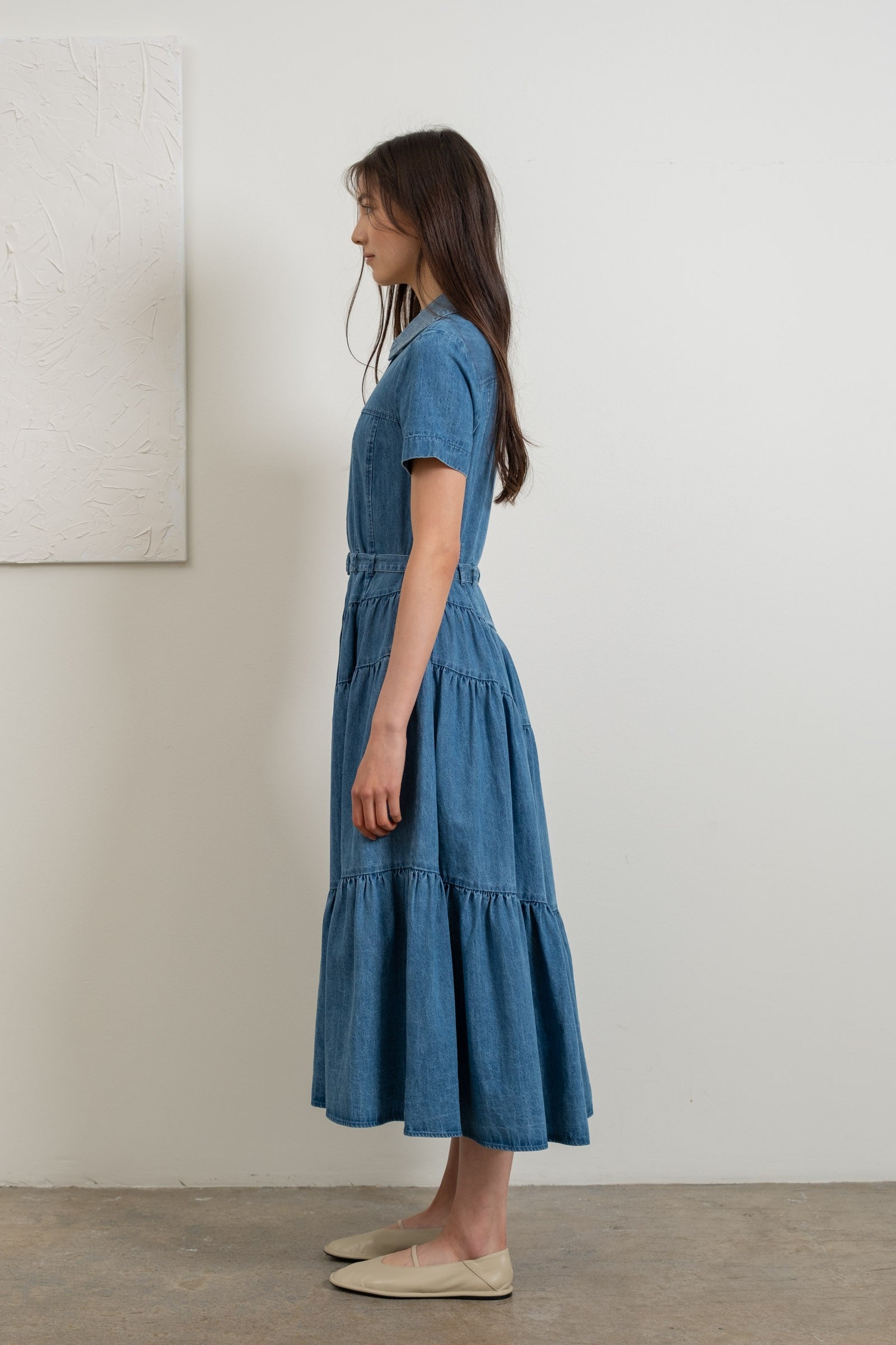 Tiered Denim Midi Dress L Tiered Denim Midi Dress L