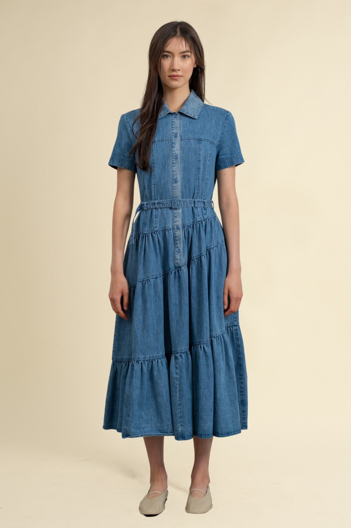 Tiered Denim Midi Dress L Tiered Denim Midi Dress L