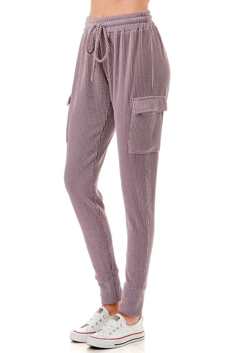 Mauve Ribbed Knit Utility Cargo Joggers