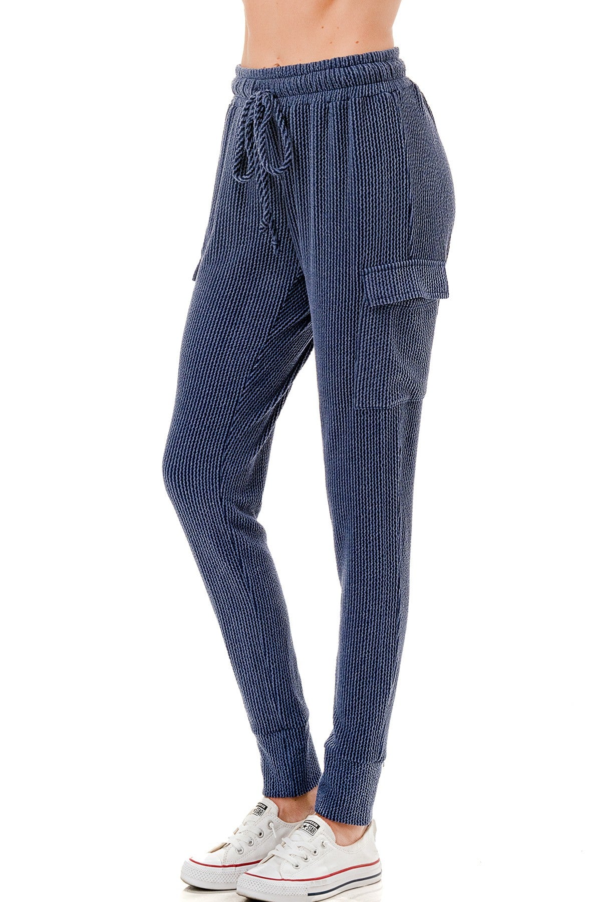 Blue Ribbed Knit Utility Cargo Joggers