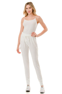 White Ribbed Knit Utility Cargo Joggers