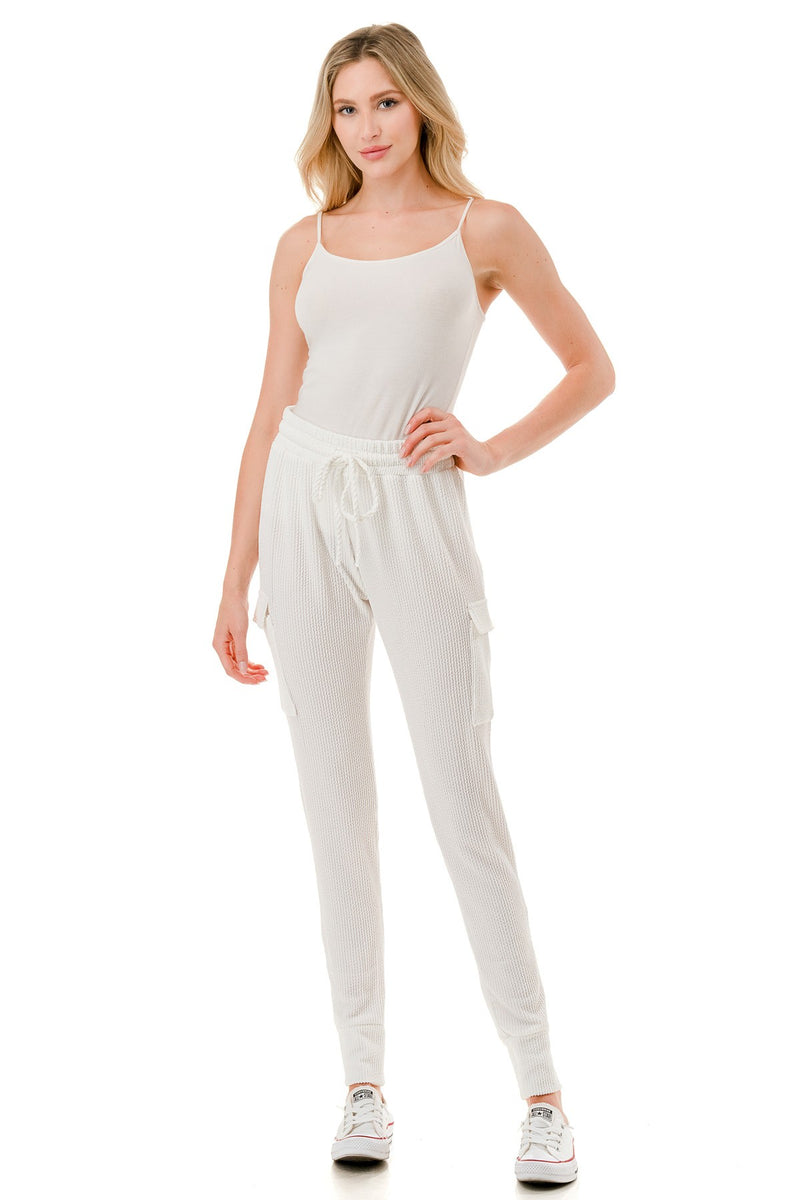White Ribbed Knit Utility Cargo Joggers