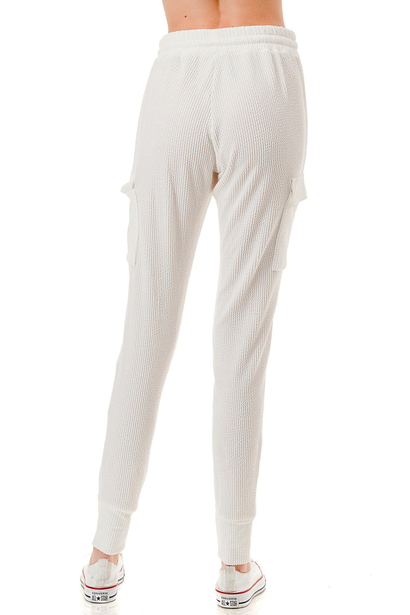 White Ribbed Knit Utility Cargo Joggers