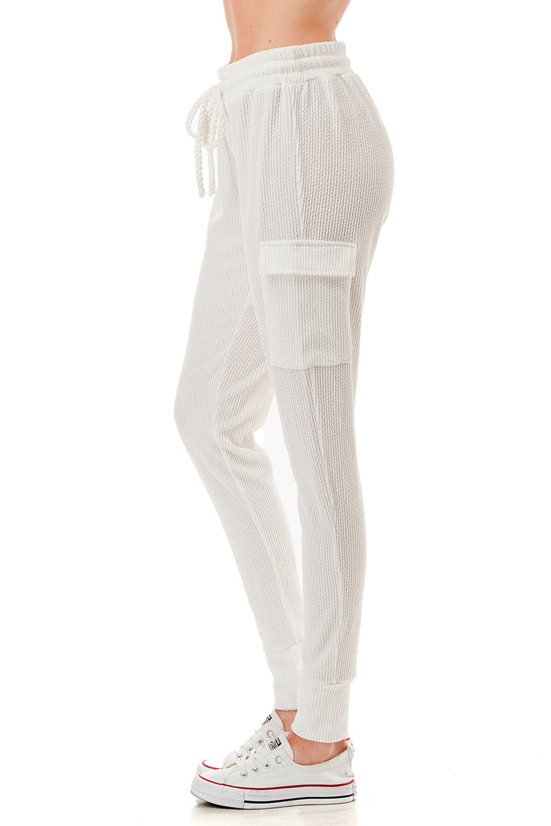 White Ribbed Knit Utility Cargo Joggers