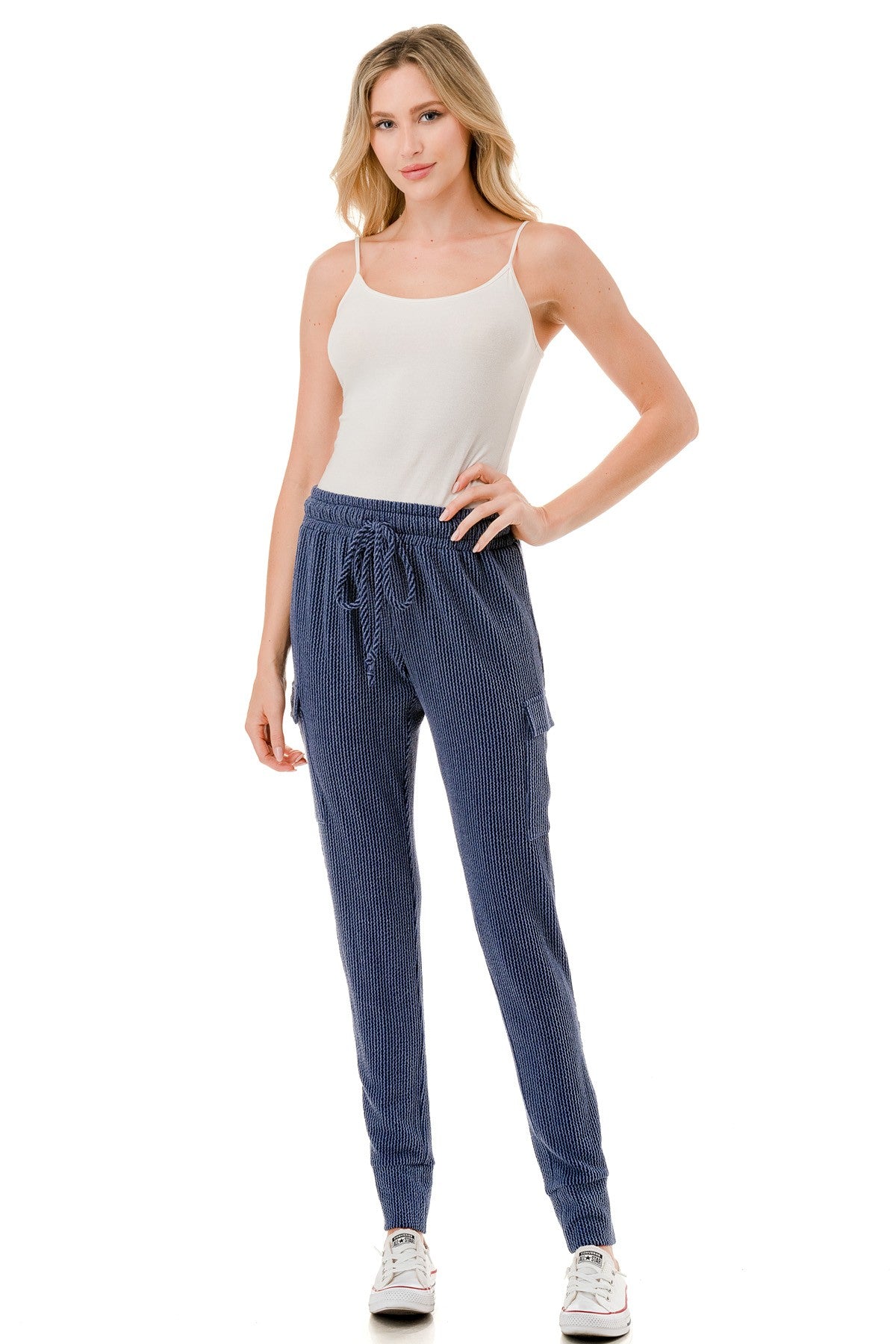 Blue Ribbed Knit Utility Cargo Joggers