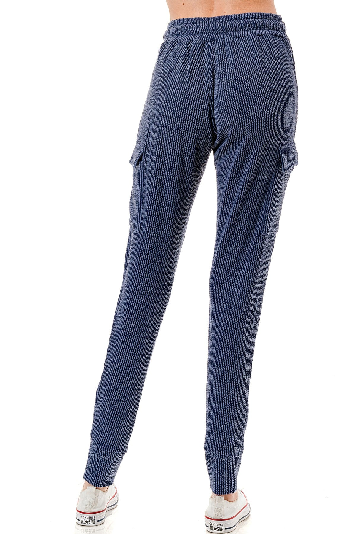 Blue Ribbed Knit Utility Cargo Joggers