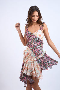 MULTI FLORAL PRINT ASYMMETRIC RUFFLE MINI DRESS