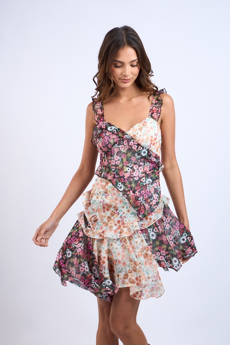 MULTI FLORAL PRINT ASYMMETRIC RUFFLE MINI DRESS