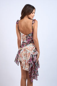 MULTI FLORAL PRINT ASYMMETRIC RUFFLE MINI DRESS