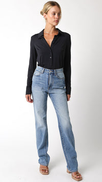 Sculpted Long Sleeve Button-Up Bodysuit in Black