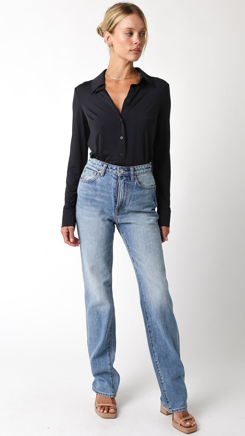 Sculpted Long Sleeve Button-Up Bodysuit in Black