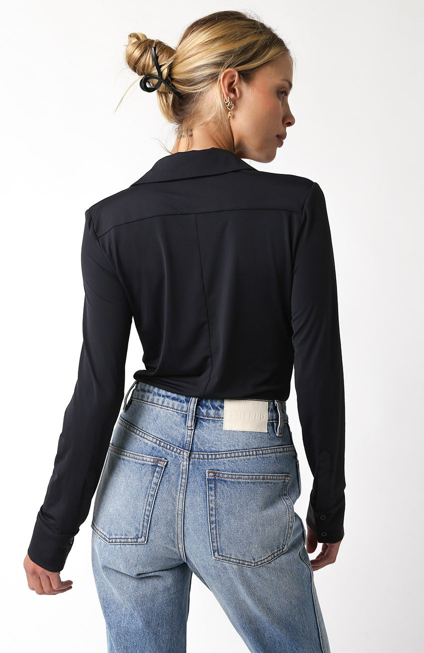 Sculpted Long Sleeve Button-Up Bodysuit in Black