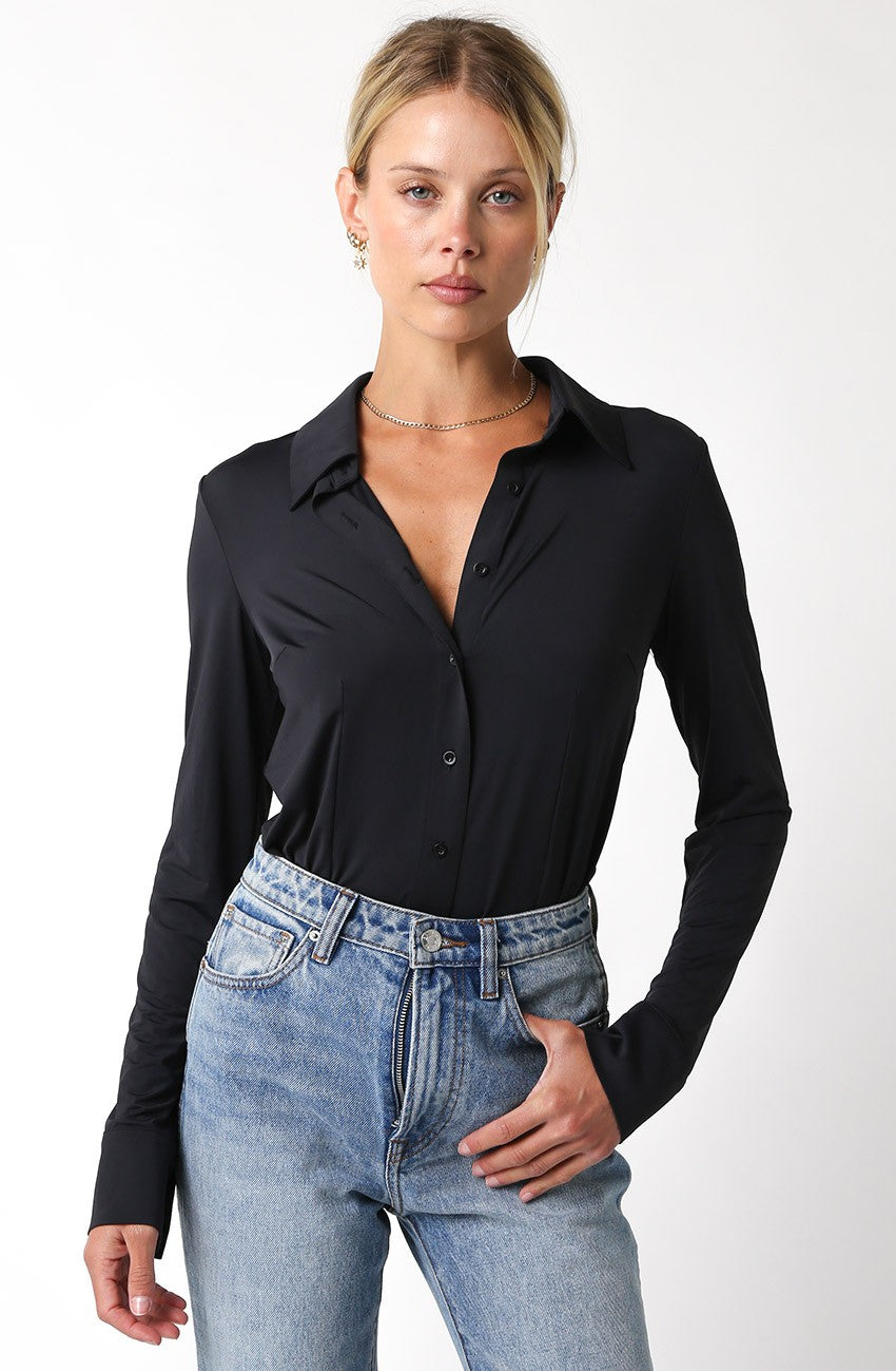 Sculpted Long Sleeve Button-Up Bodysuit in Black