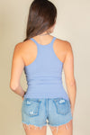 Blue Ribbed Fitted Tank Top