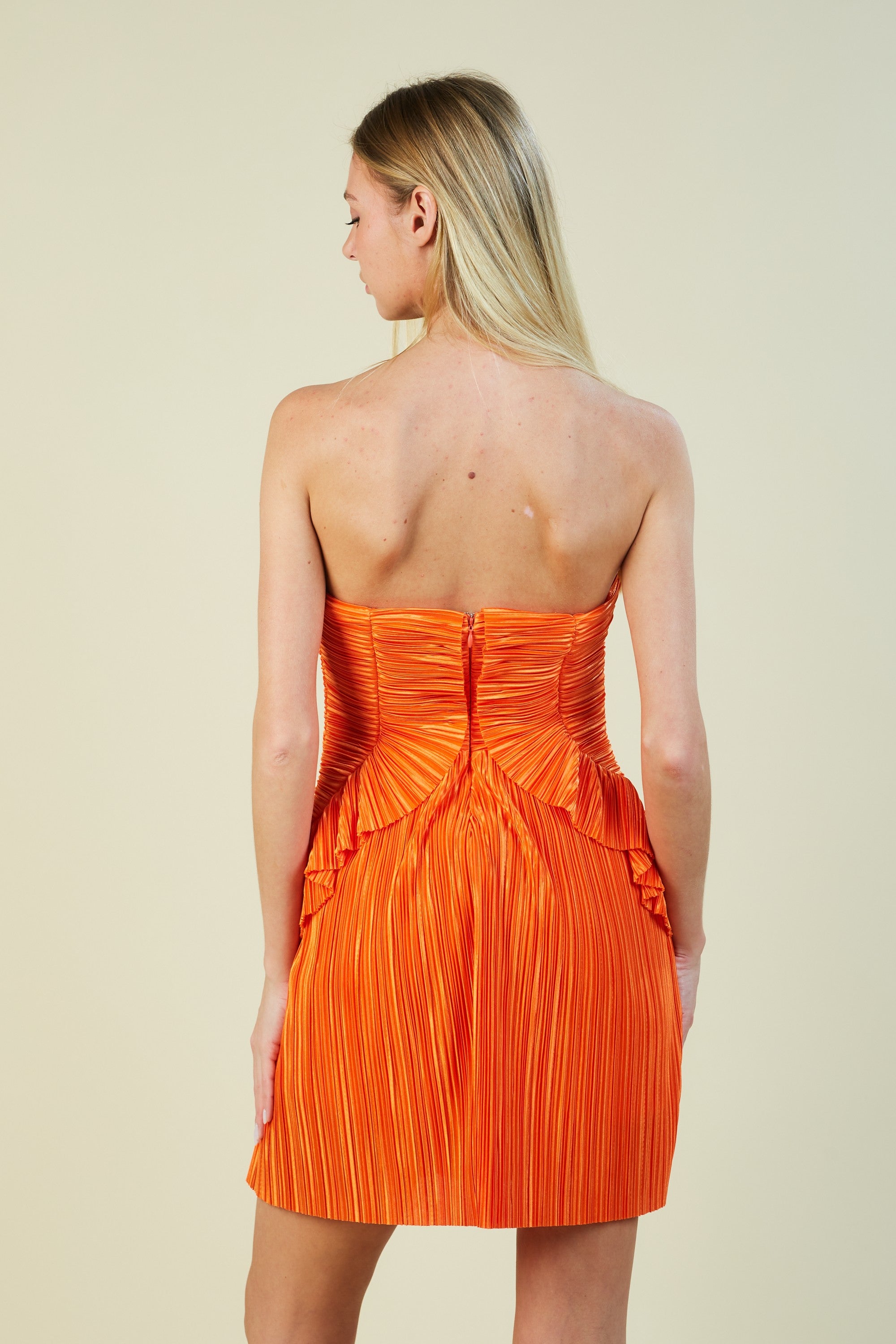 STRAPLESS PLEATED RUFFLE MINI DRESS