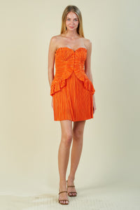 STRAPLESS PLEATED RUFFLE MINI DRESS