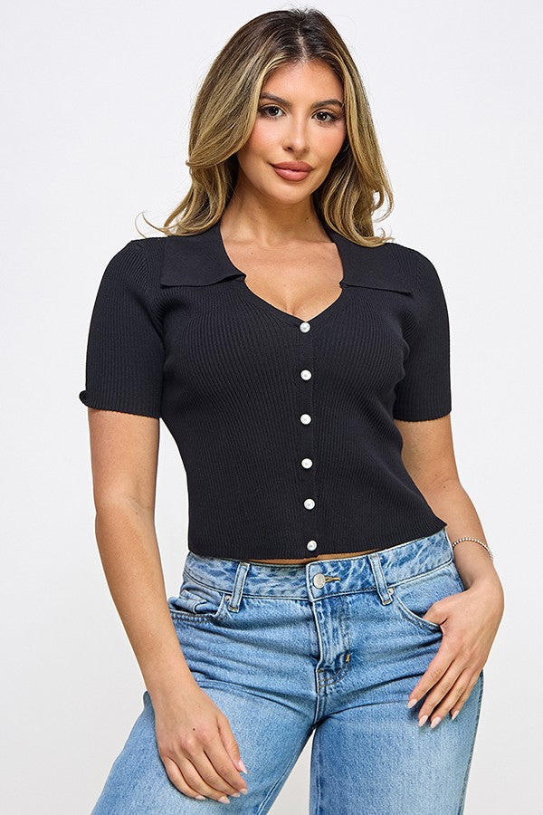 Pearl Button Down Short Sleeve Cardigan Top