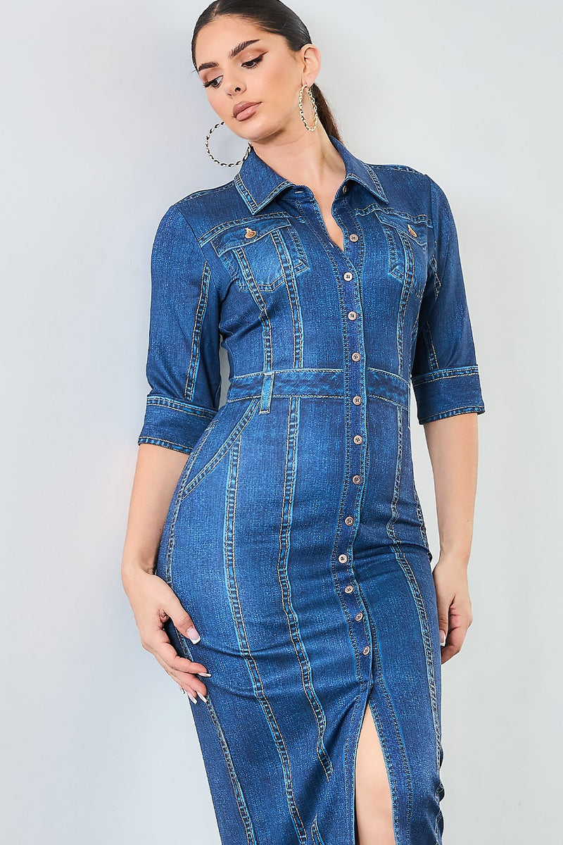 Denim effect button down short sleeve midi dress