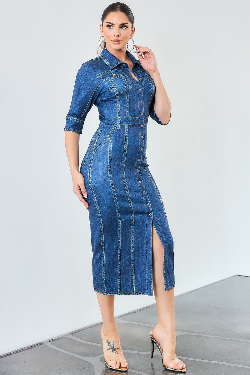 Denim effect button down short sleeve midi dress