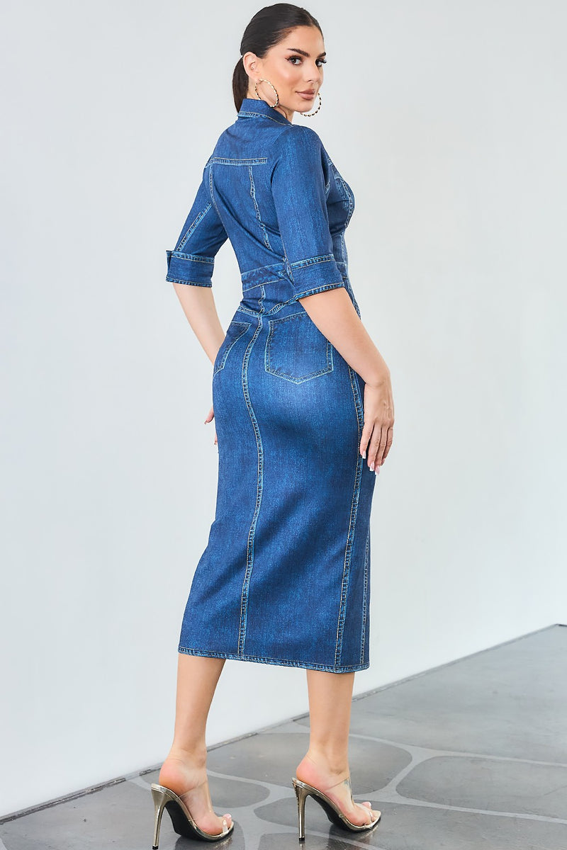 Denim effect button down short sleeve midi dress