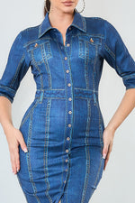 Denim effect button down short sleeve midi dress