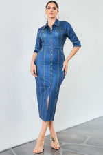 Denim effect button down short sleeve midi dress