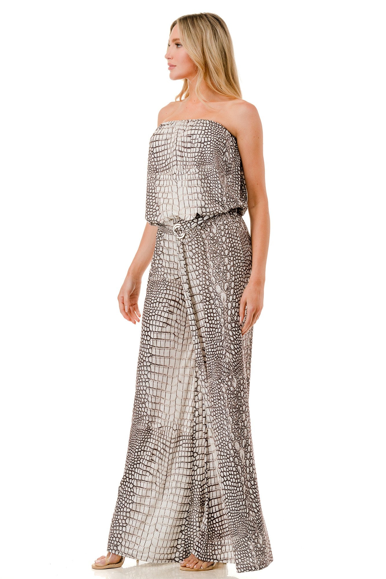 Animal Print Strapless Wide Leg Jumpsuit with Belt