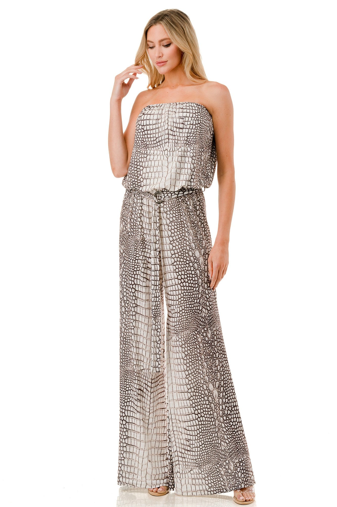 Animal Print Strapless Wide Leg Jumpsuit with Belt