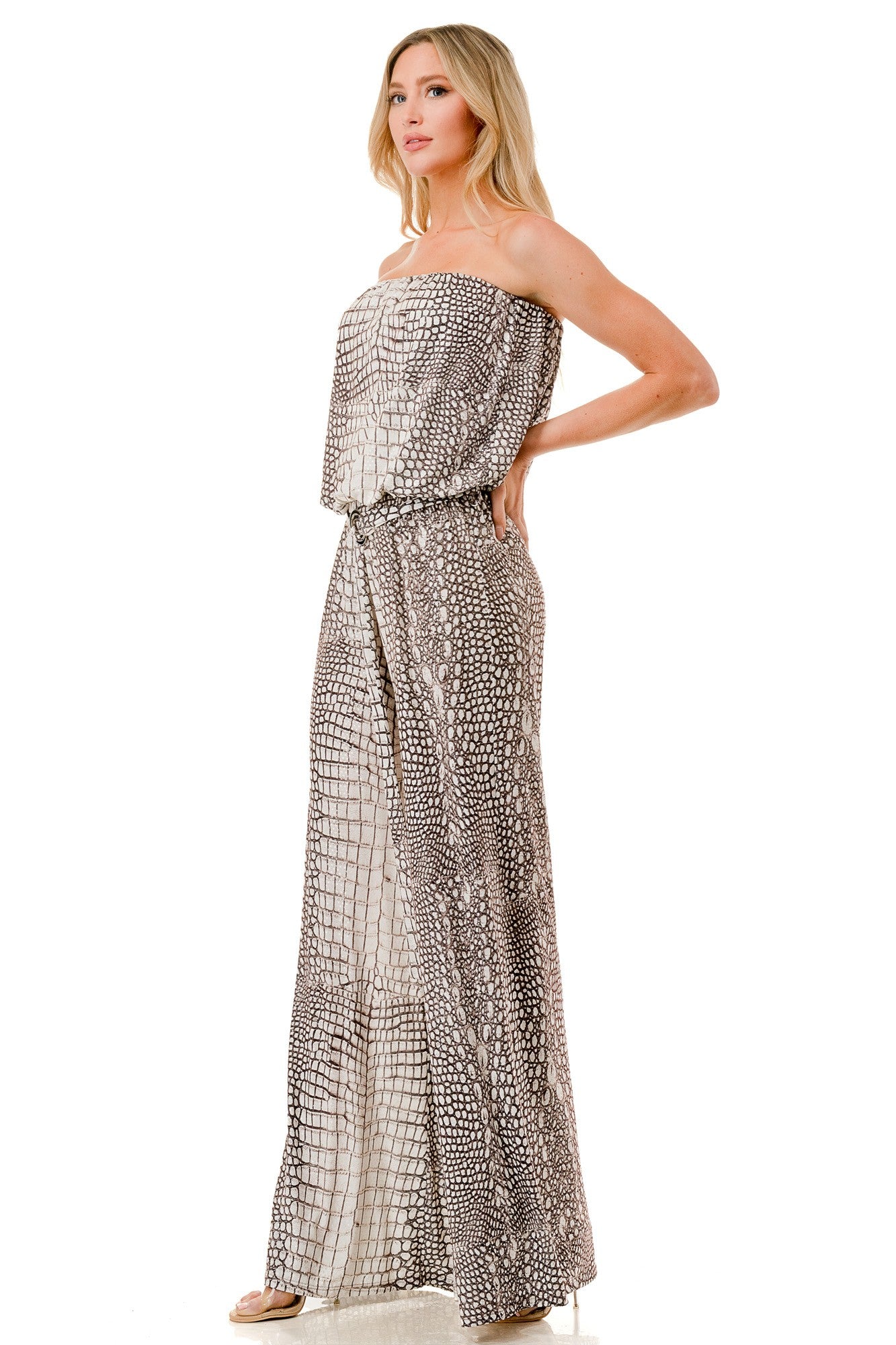 Animal Print Strapless Wide Leg Jumpsuit with Belt