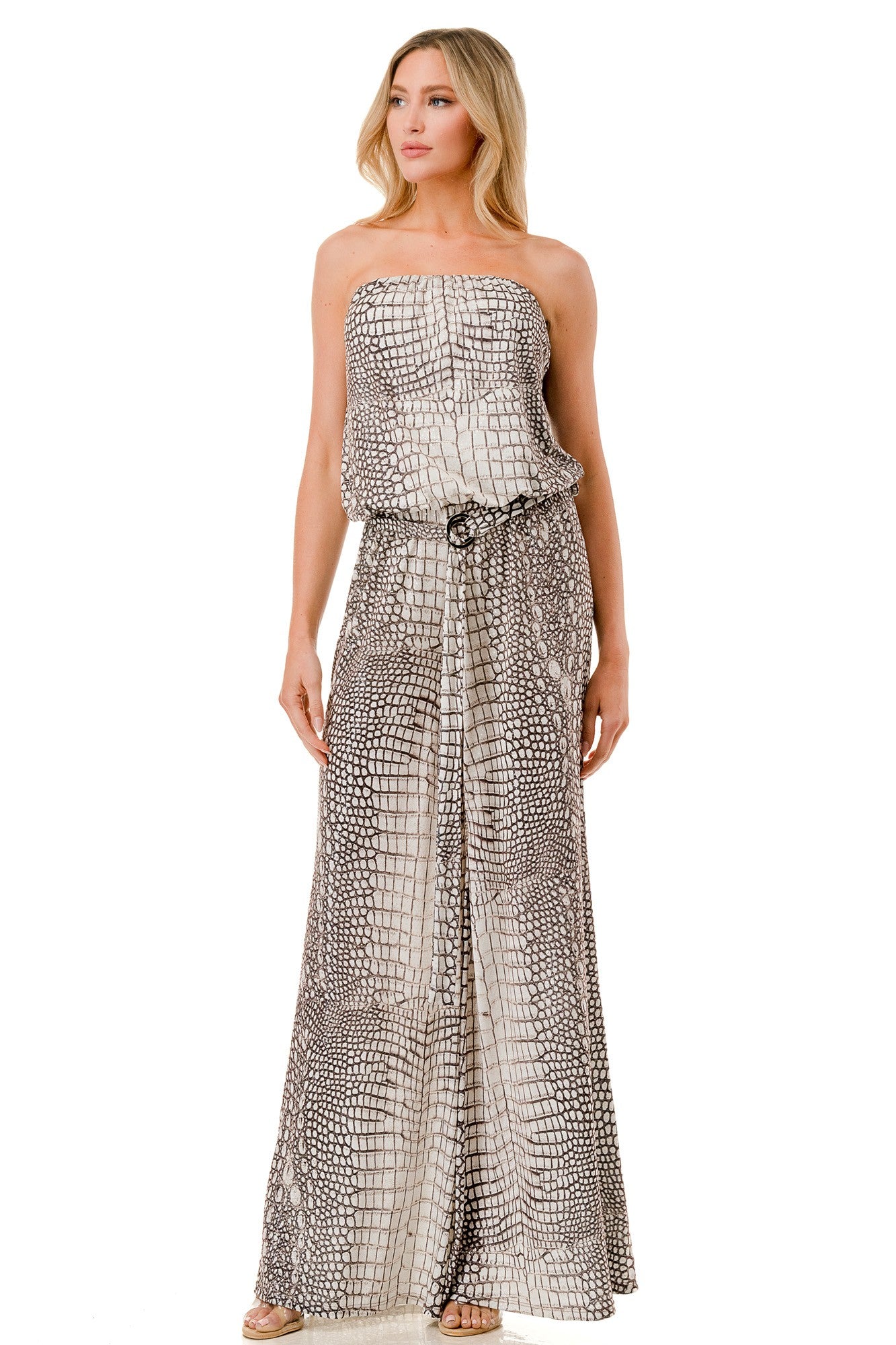 Animal Print Strapless Wide Leg Jumpsuit with Belt