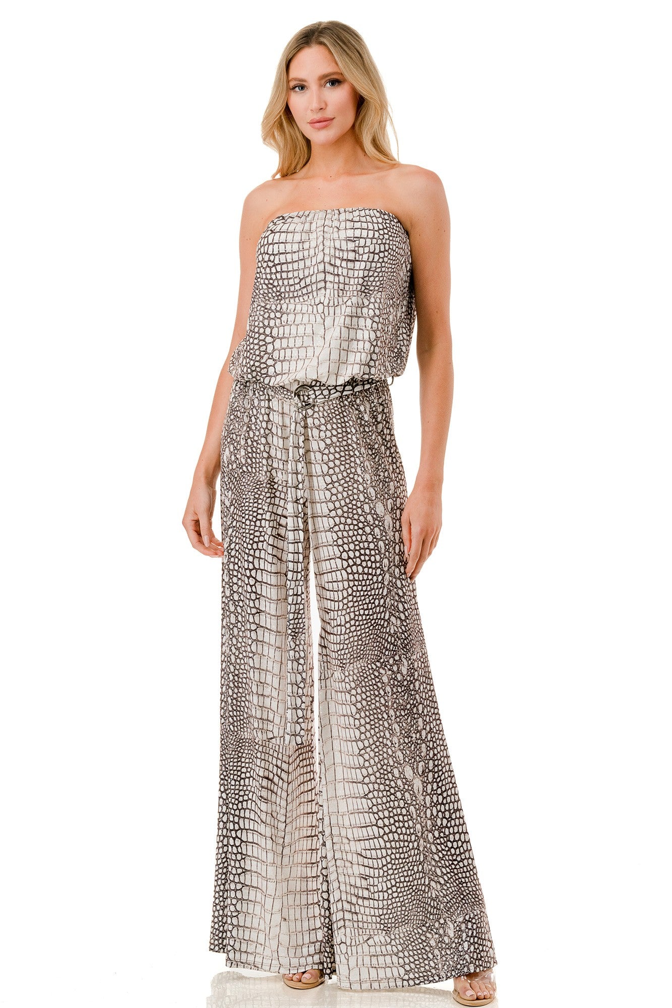 Animal Print Strapless Wide Leg Jumpsuit with Belt