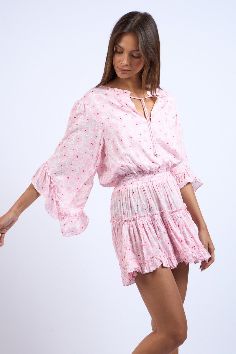 CLIP DOT FLORAL FLARE SLEEVE TIERED MINI DRESS