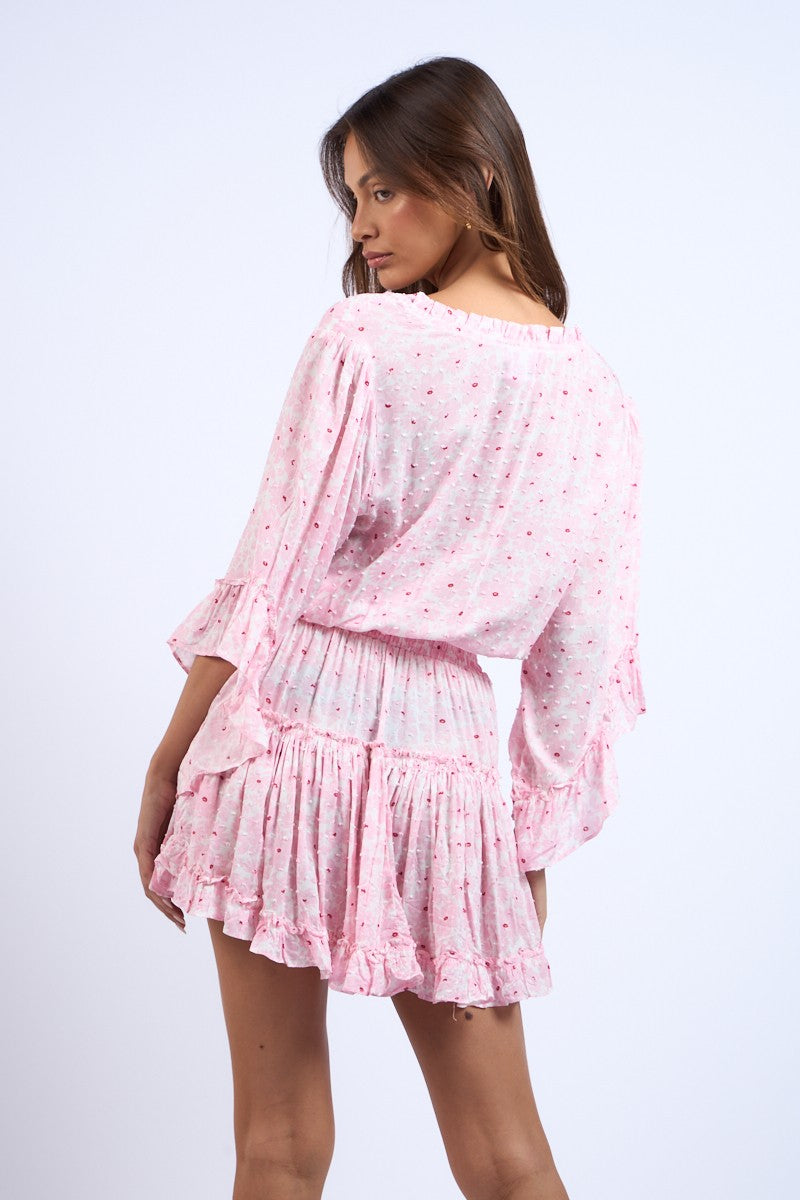 CLIP DOT FLORAL FLARE SLEEVE TIERED MINI DRESS