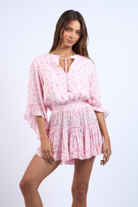 CLIP DOT FLORAL FLARE SLEEVE TIERED MINI DRESS
