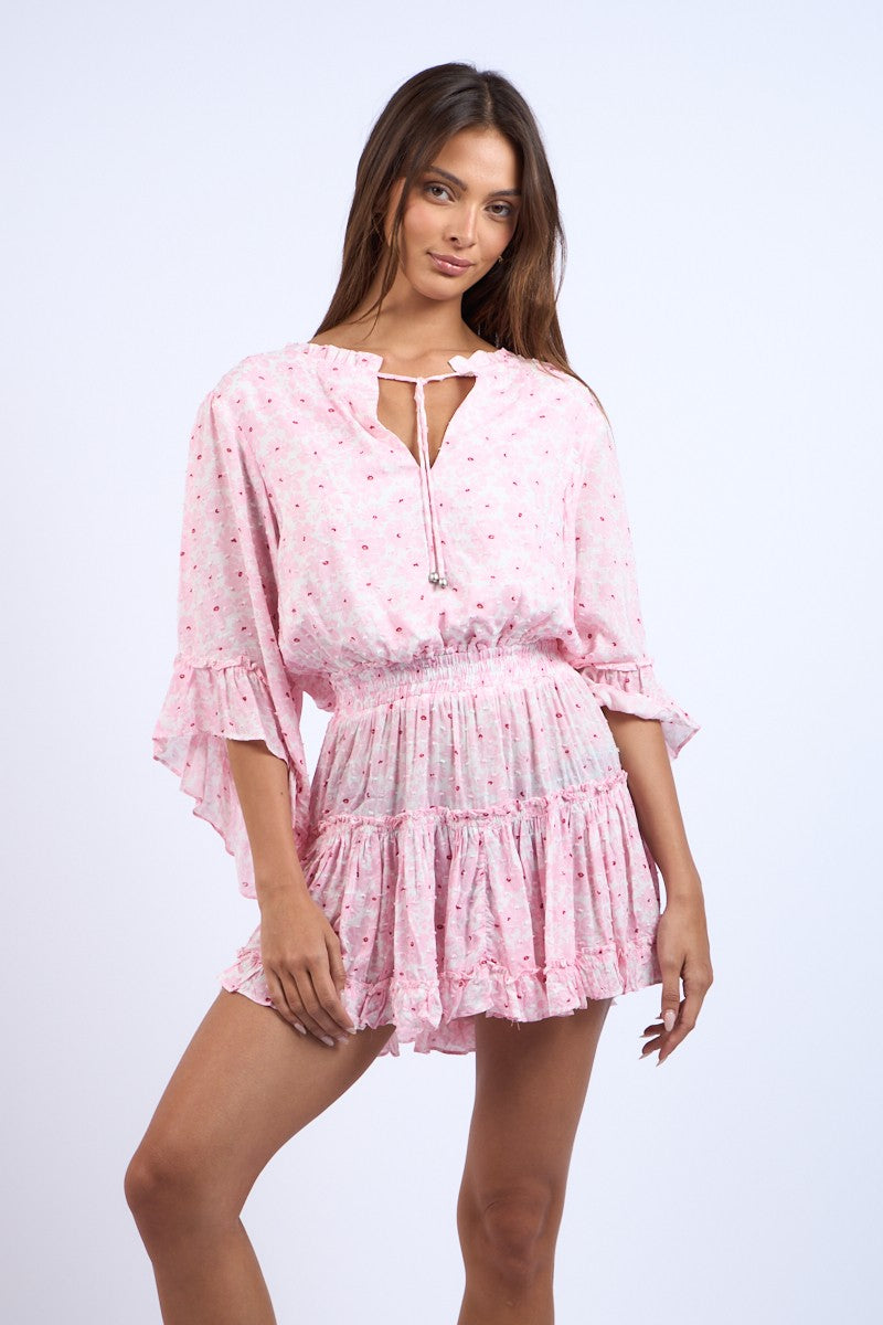 CLIP DOT FLORAL FLARE SLEEVE TIERED MINI DRESS