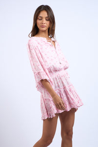 CLIP DOT FLORAL FLARE SLEEVE TIERED MINI DRESS