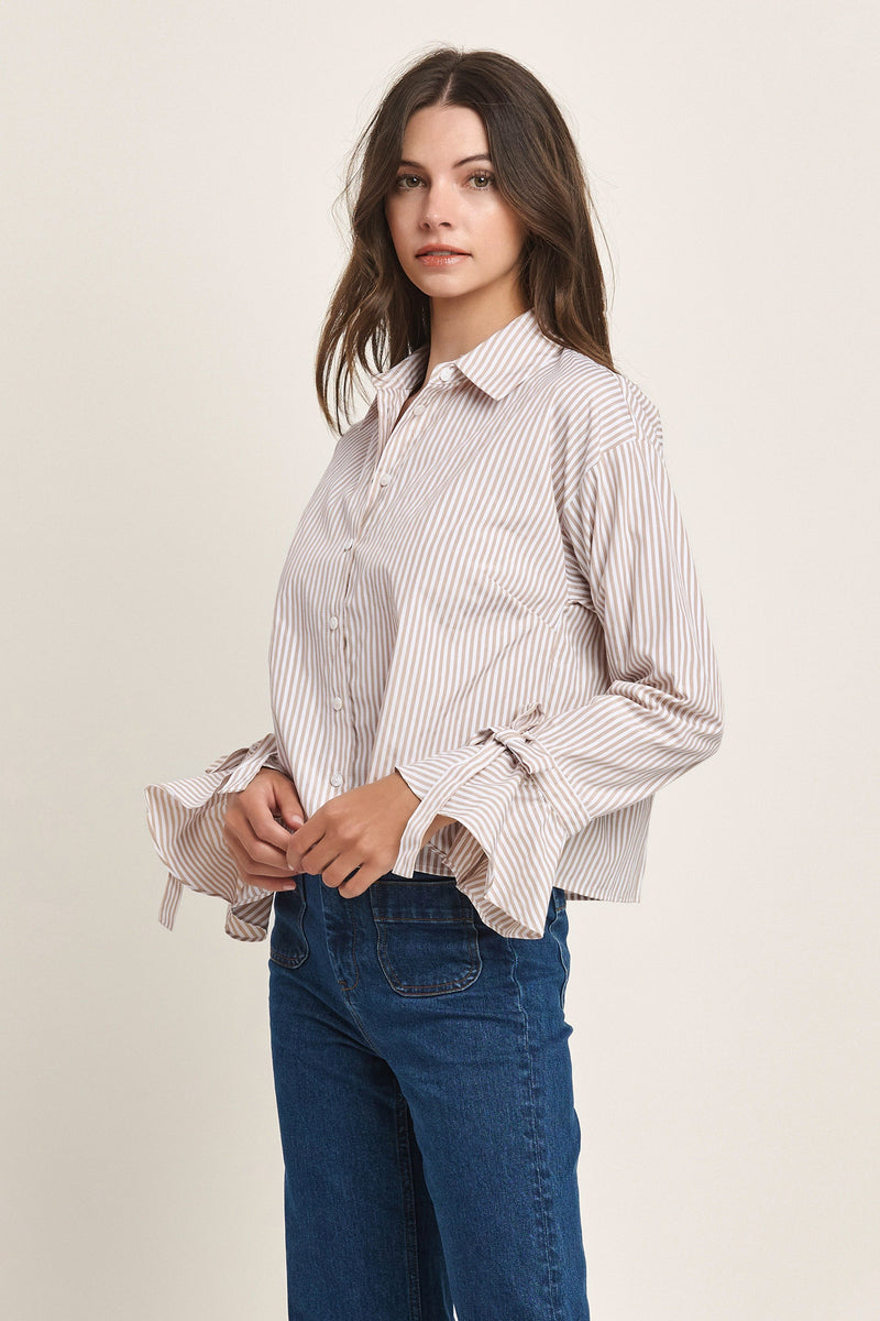 Bow-Cuff Stripe Button Down Shirt