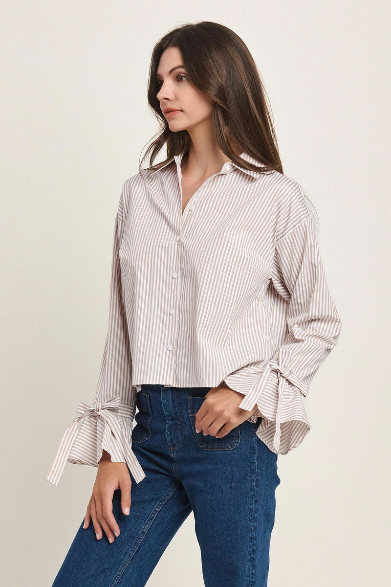 Bow-Cuff Stripe Button Down Shirt