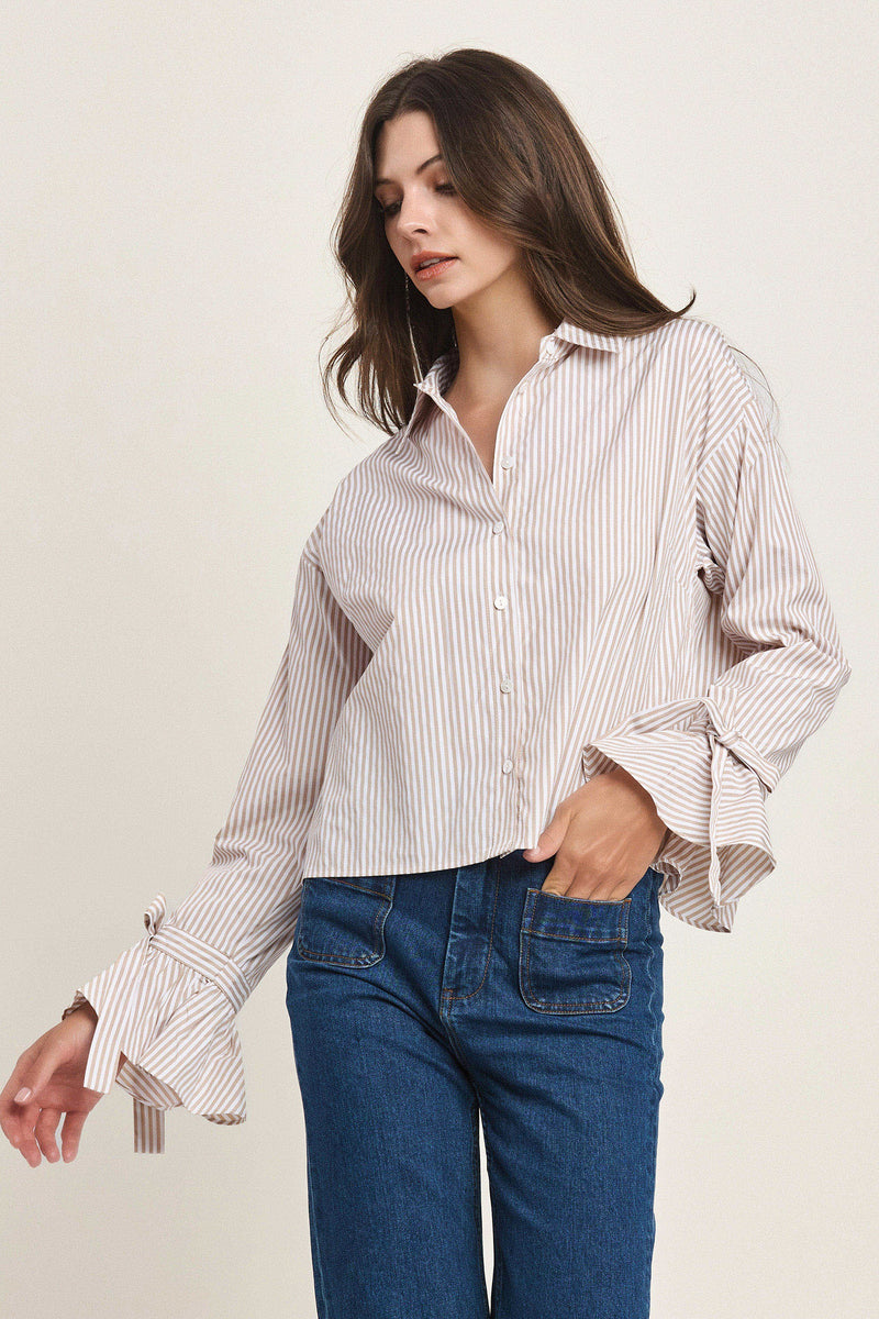 Bow-Cuff Stripe Button Down Shirt